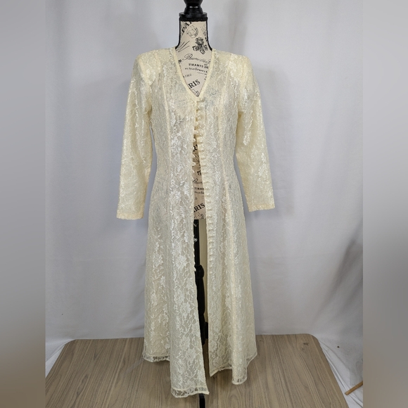 Vintage Victorian Renaissance Corset Lace Maxi Regency Dress Button Sheer A016 - Picture 13 of 14